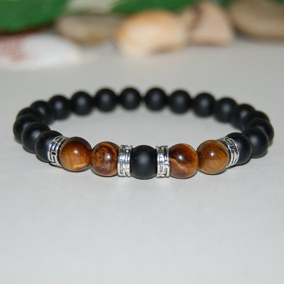 Onyx Bracelet,Onyx and Tiger Eye Gemstone,Good Luck Bracelet,Men,Women - Picture 1 of 3